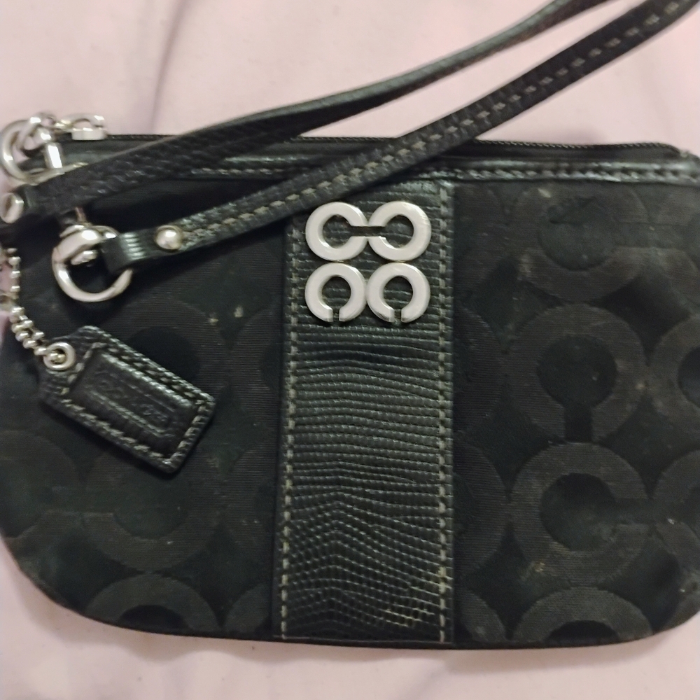 Coach Black Patterned Wristlet with Silver Accents